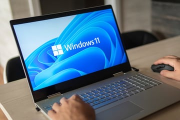 A male employee uses Windows 11 on a laptop in an office. 