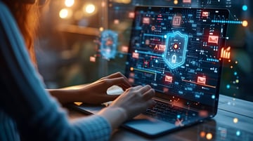 Female cybersecurity expert using laptop with advanced digital security interface.