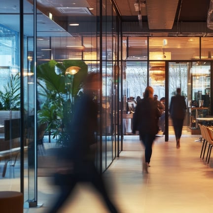 Blurred motion of people walking in a modern office.