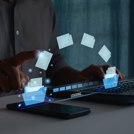 data file transfer concept business professional moving files between folders with fingertip