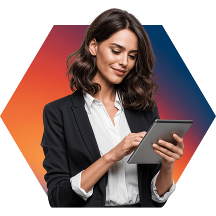 Businesswoman smirking looking down using a digital tablet