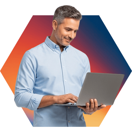 Confident Man Working on Laptop, Standing Full Length