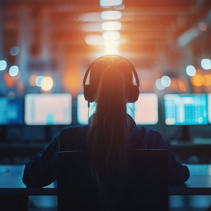 Customer service woman wearing headset working on computer screens in modern office logistics planning