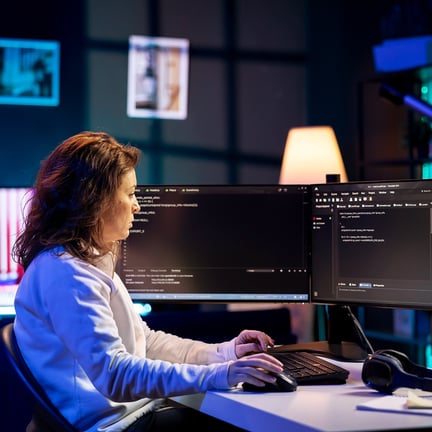 software developer seated at multiple monitors in dimly lit room