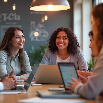 Group of diverse businesspeople seated amongst laptops and other devices working together in modern office setting