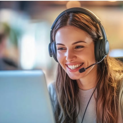 smiling service agent seated at desk wearing headset talking to client