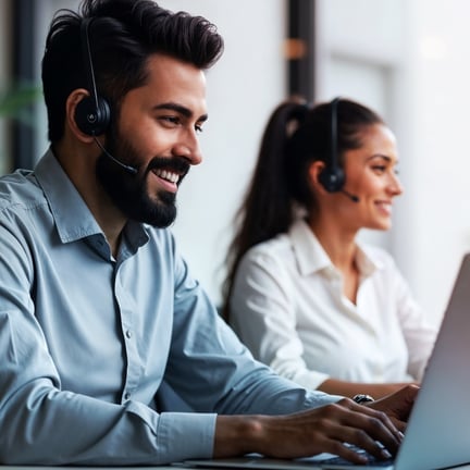 Smiling IT support specialists with headsets providing technical analysis and helpdesk service for managed IT solutions.