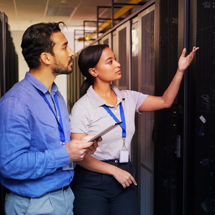 People, data center and engineering teamwork, inspection and cybersecurity