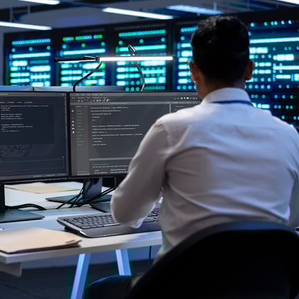 technician using a computer to perform network security monitoring services at server hub