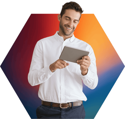 man with tablet inside hexagon