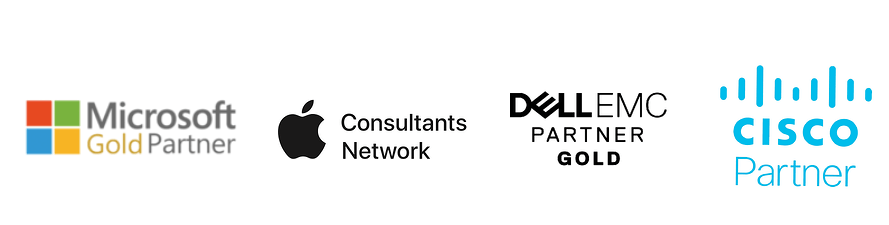 Microsoft Gold Partner, Apple Consultant Network, Dell Partner Gold, and Cisco Partner logos. 