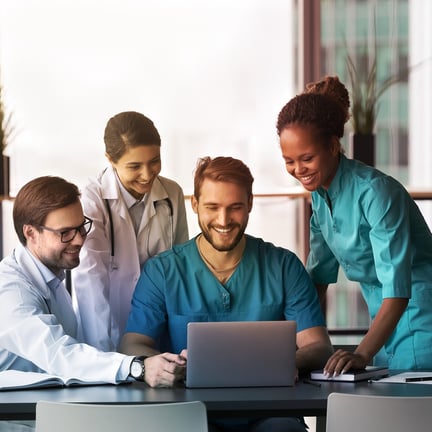 A collaborative team of doctors and nurses reviewing information on a laptop smiling